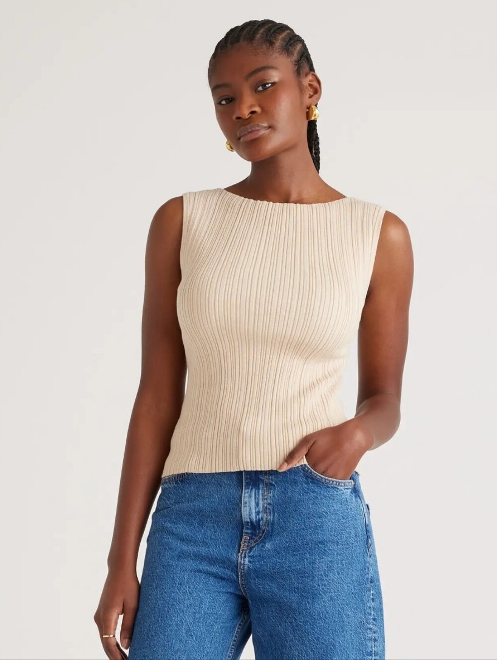 Quince Cotton Cashmere Ribbed Tank Top Heather Oatmeal Stretchy Minimalist LG